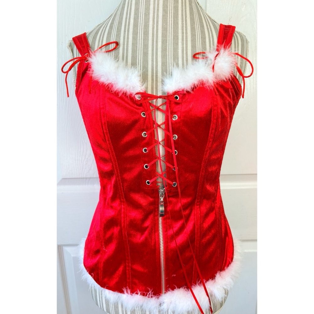 Sexy Red Velvet Zip Up Christmas Corset Ostrich Trim Size XL